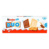 Kinder - Duo White & Milk Chocolate Biscuits (150g) by Kinder features both milk and white chocolate biscuits, with packaging showing a glass of milk and chocolate pieces.